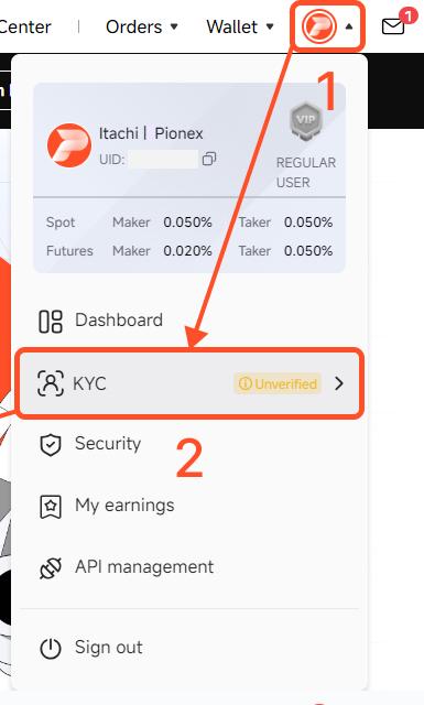 Меню аккаунта Pionex: аватар, пункт KYC