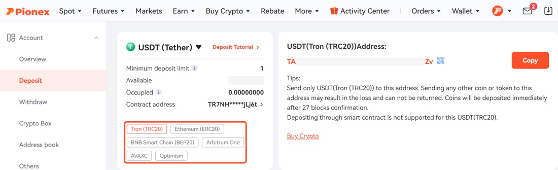 Экран депозита Pionex: выбор USDT, выбор сети TRC-20, адрес для пополнения