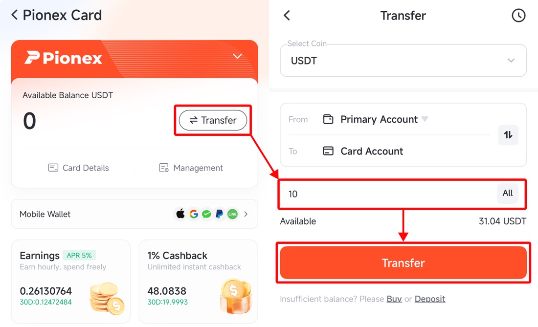 Пополнение карты Pionex: кнопка Transfer, перевод USDT с Primary Account на Card Account