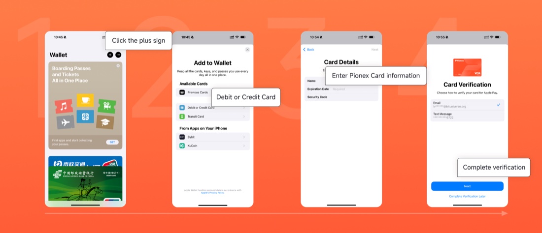 Добавление карты Pionex в Apple Pay: Wallet, плюс, Debit or Credit Card, ввод реквизитов, верификация